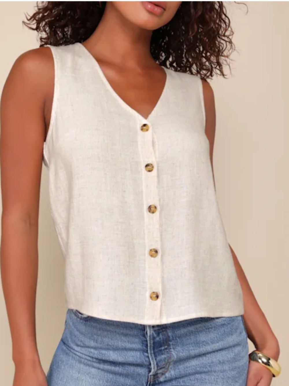 Lulus Casually Sophisticated Beige Linen Sleeveless Button-Front Top | Size M